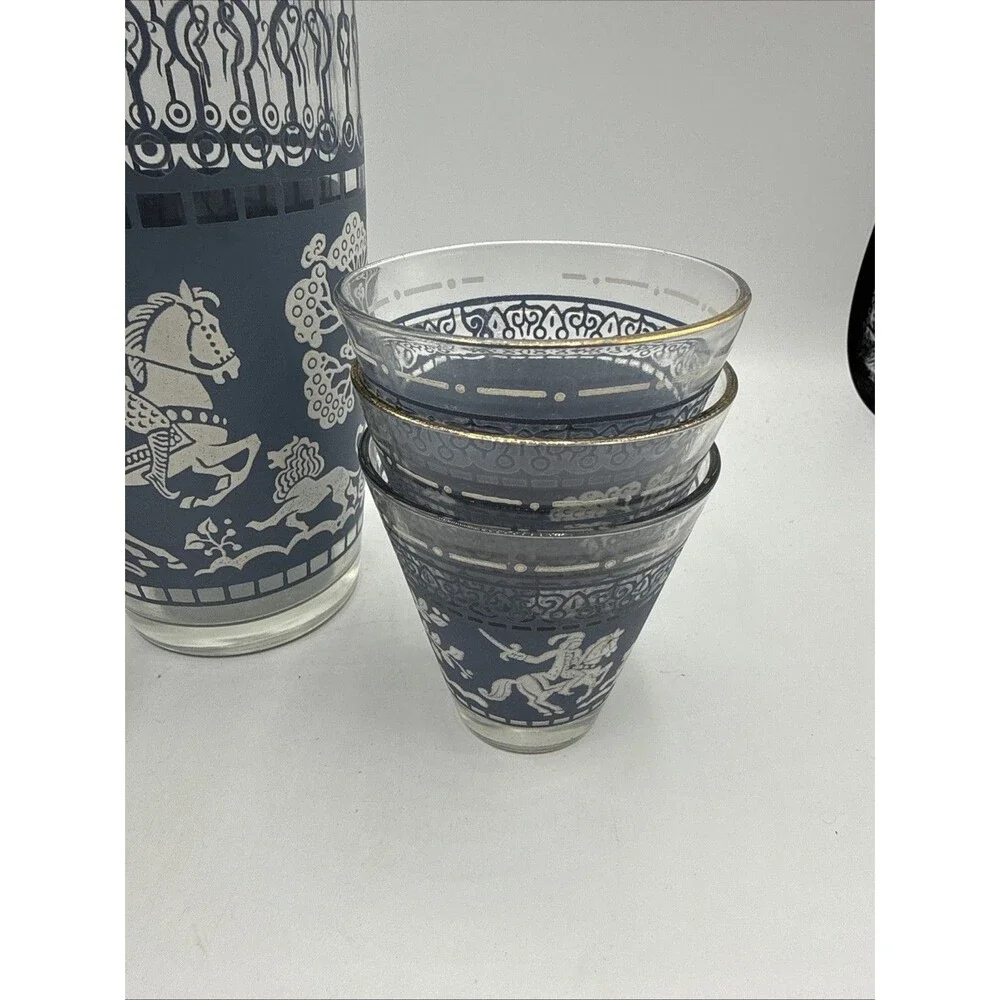 Vintage Hazel Atlas Arabian Knights Cocktail Shaker & 6 Glasses Blue Barware